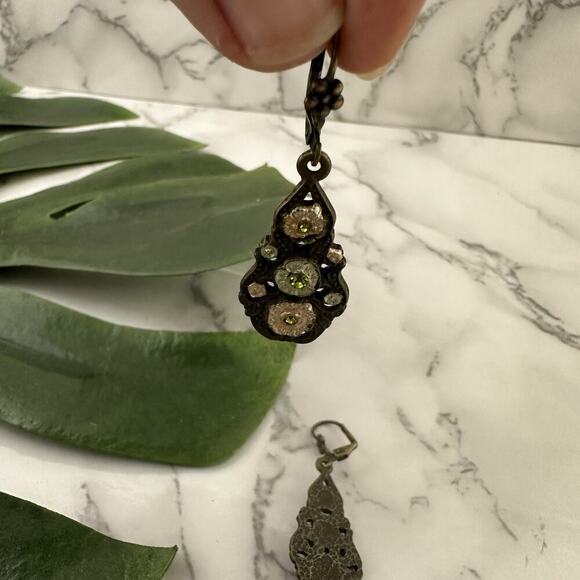 Vintage 70s Pendant Earrings Pink Green Rhinestone Floral Boho Peasant Dangle - Picture 4 of 4
